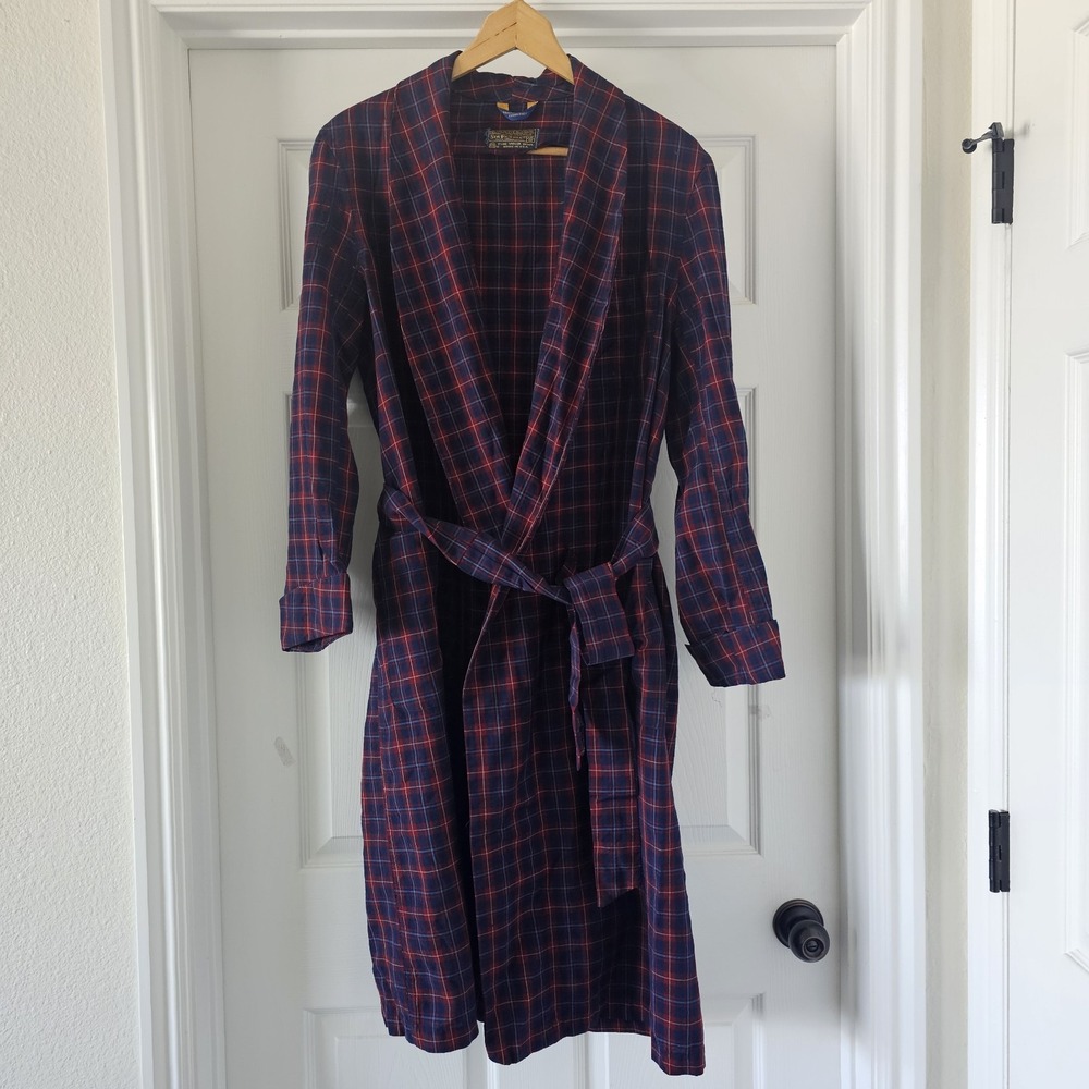 Vintage Pendleton Virgin Wool Robe Navy Red Plaid Belted Medium Portland OR #4